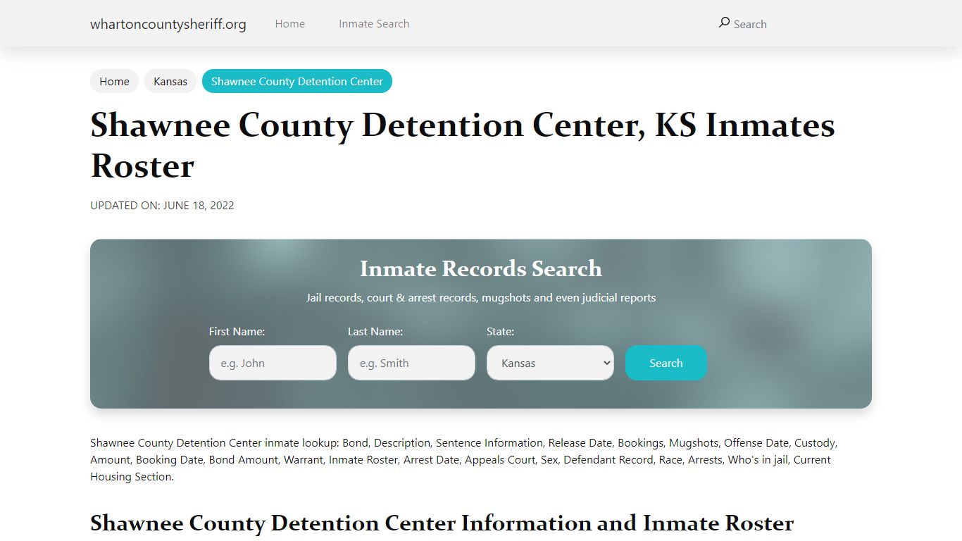 Shawnee County Detention Center, KS Jail Roster, Name Search